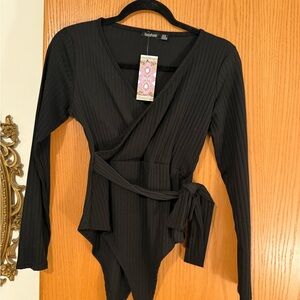 Boohoo Black Ribbed Wrap Bodysuit